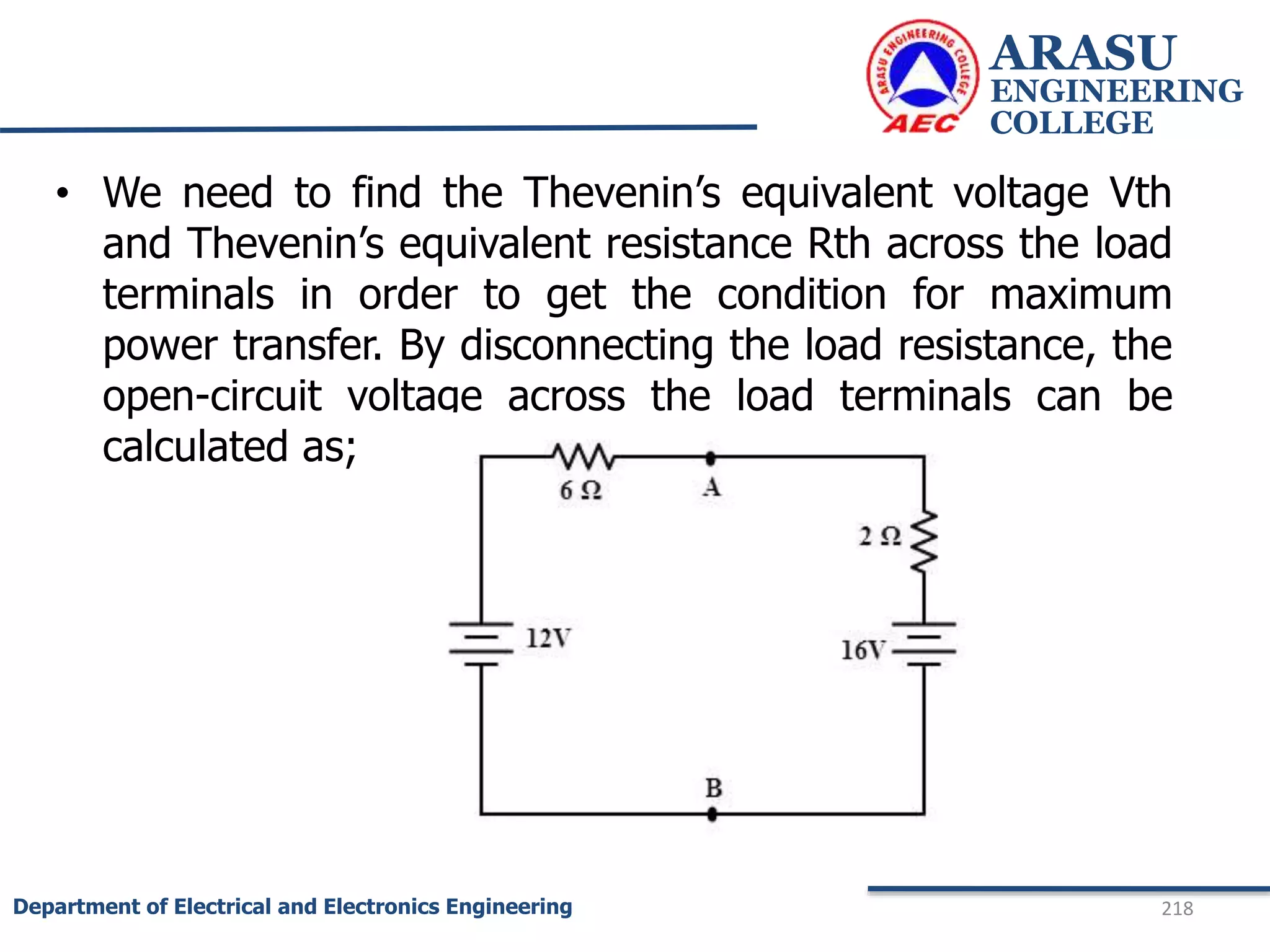 ARASU
ENGINEERING
COLLEGE
218
Department of Electrical and Electronics Engineering
• We need to find the Thevenin’s equivalent voltage Vth
and Thevenin’s equivalent resistance Rth across the load
terminals in order to get the condition for maximum
power transfer. By disconnecting the load resistance, the
open-circuit voltage across the load terminals can be
calculated as;
 