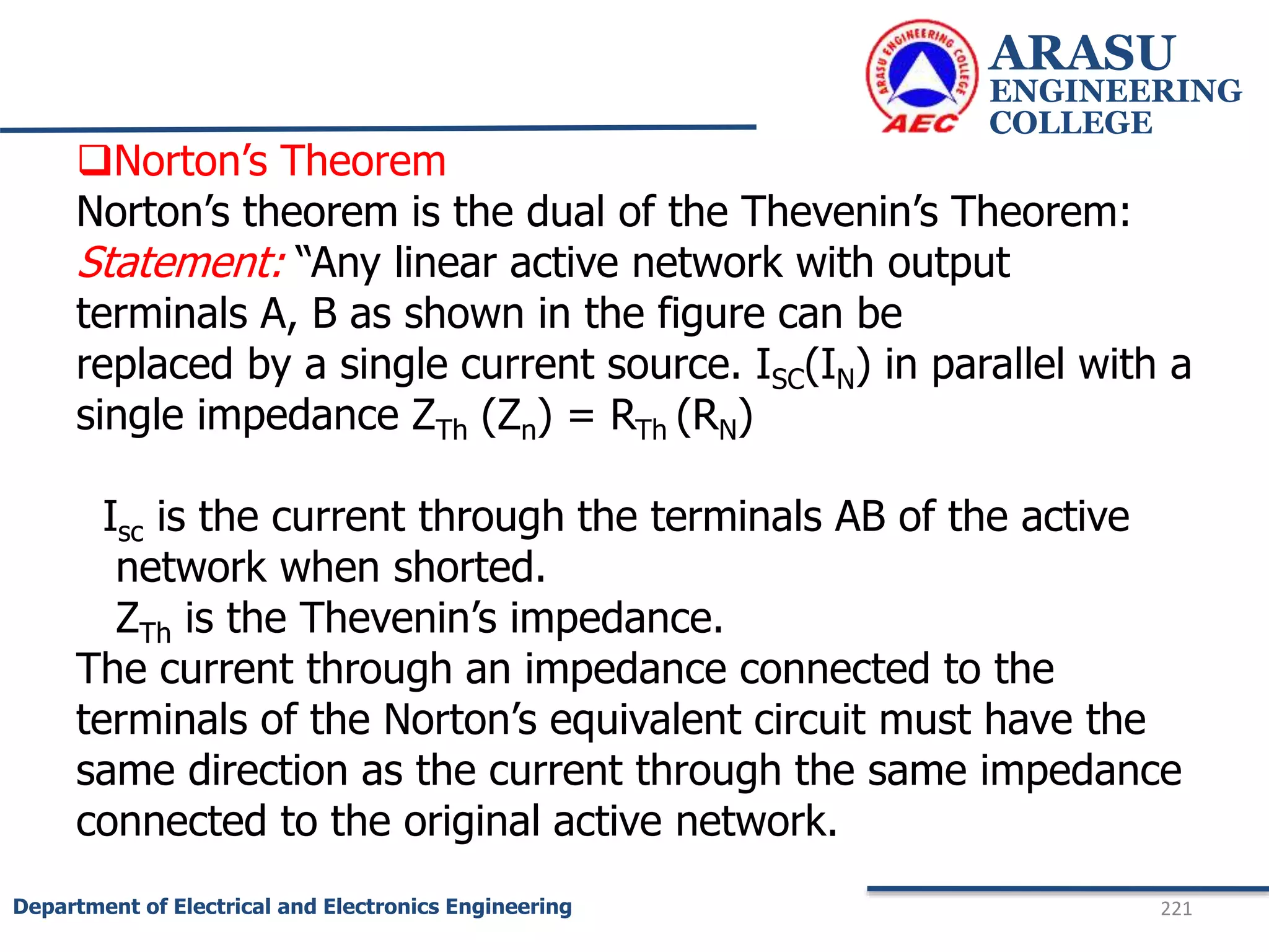ARASU
ENGINEERING
COLLEGE
221
Department of Electrical and Electronics Engineering
Norton’s Theorem
Norton’s theorem is the dual of the Thevenin’s Theorem:
Statement: “Any linear active network with output
terminals A, B as shown in the figure can be
replaced by a single current source. ISC(IN) in parallel with a
single impedance ZTh (Zn) = RTh (RN)
Isc is the current through the terminals AB of the active
network when shorted.
ZTh is the Thevenin’s impedance.
The current through an impedance connected to the
terminals of the Norton’s equivalent circuit must have the
same direction as the current through the same impedance
connected to the original active network.
 