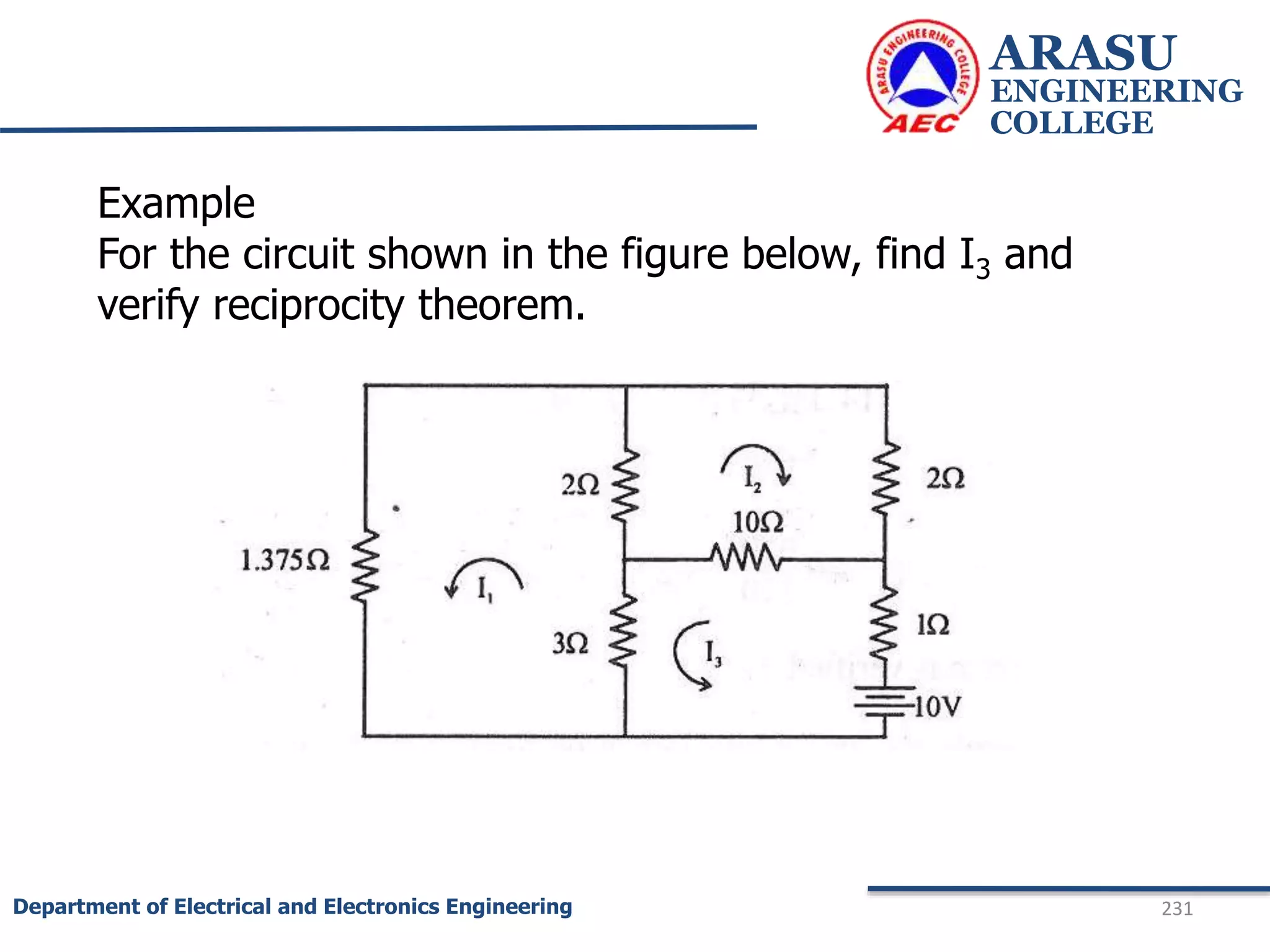 ARASU
ENGINEERING
COLLEGE
231
Department of Electrical and Electronics Engineering
Example
For the circuit shown in the figure below, find I3 and
verify reciprocity theorem.
 