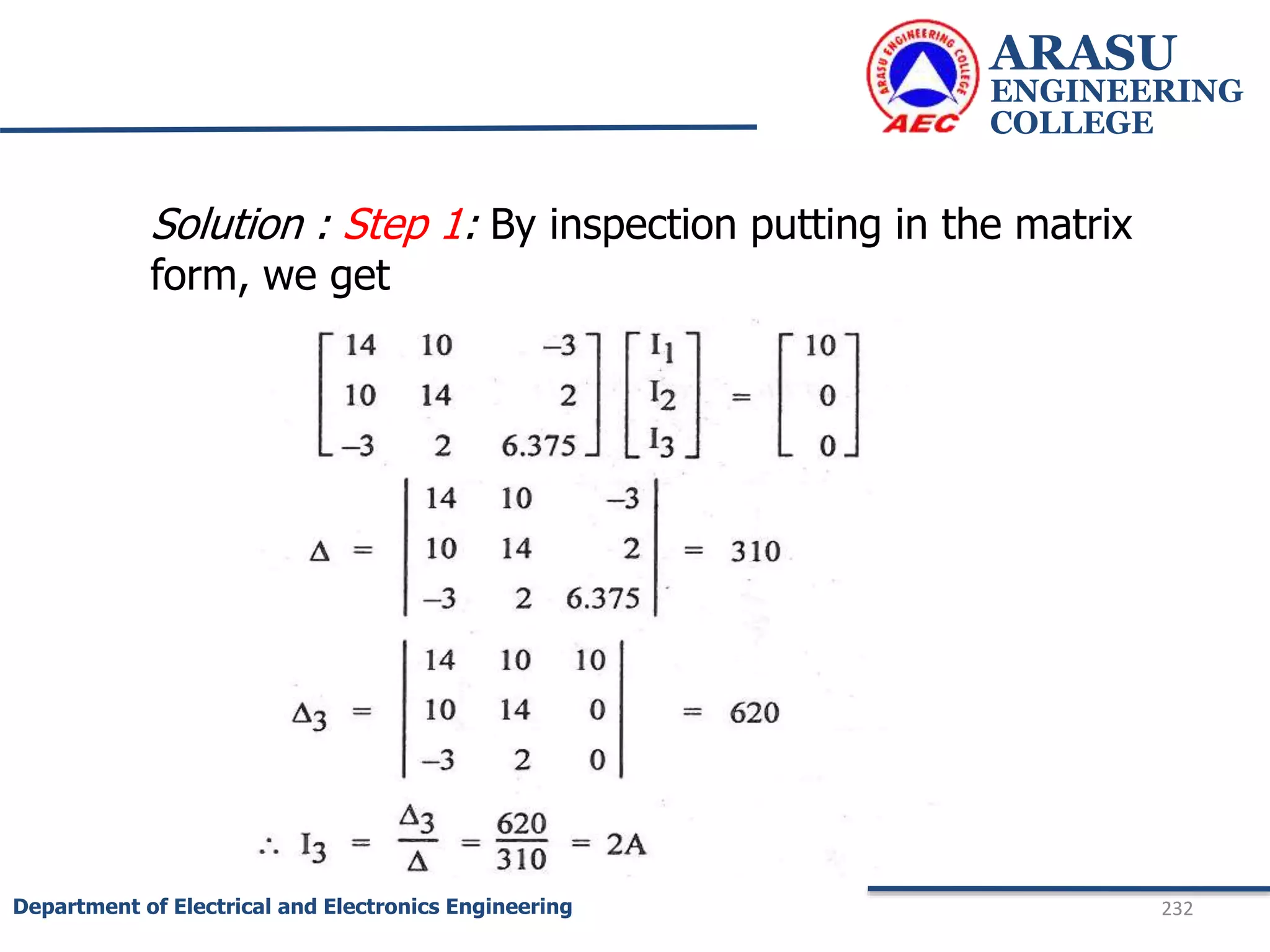 ARASU
ENGINEERING
COLLEGE
232
Department of Electrical and Electronics Engineering
Solution : Step 1: By inspection putting in the matrix
form, we get
 