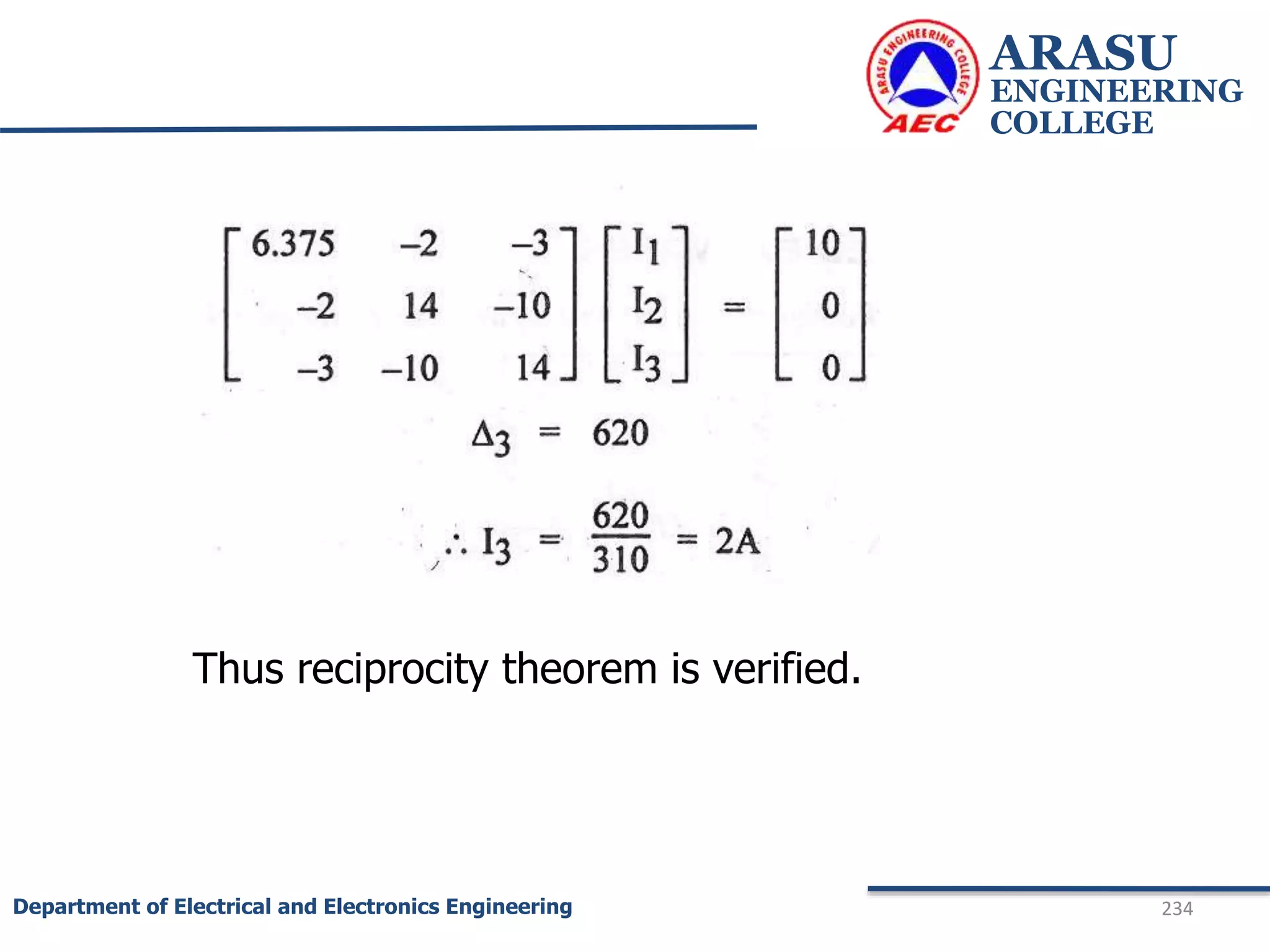 ARASU
ENGINEERING
COLLEGE
234
Department of Electrical and Electronics Engineering
Thus reciprocity theorem is verified.
 