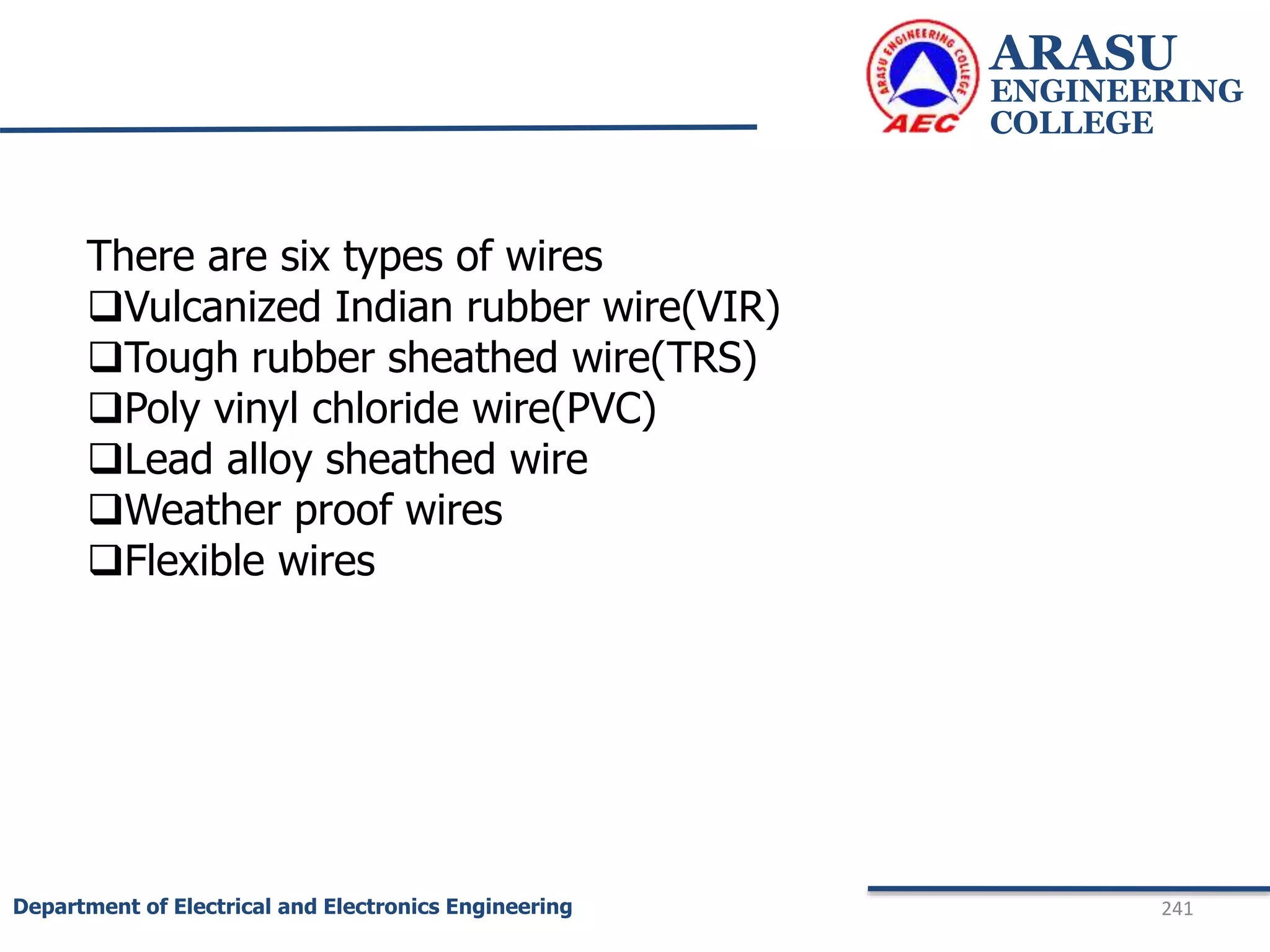 ARASU
ENGINEERING
COLLEGE
241
Department of Electrical and Electronics Engineering
There are six types of wires
Vulcanized Indian rubber wire(VIR)
Tough rubber sheathed wire(TRS)
Poly vinyl chloride wire(PVC)
Lead alloy sheathed wire
Weather proof wires
Flexible wires
 