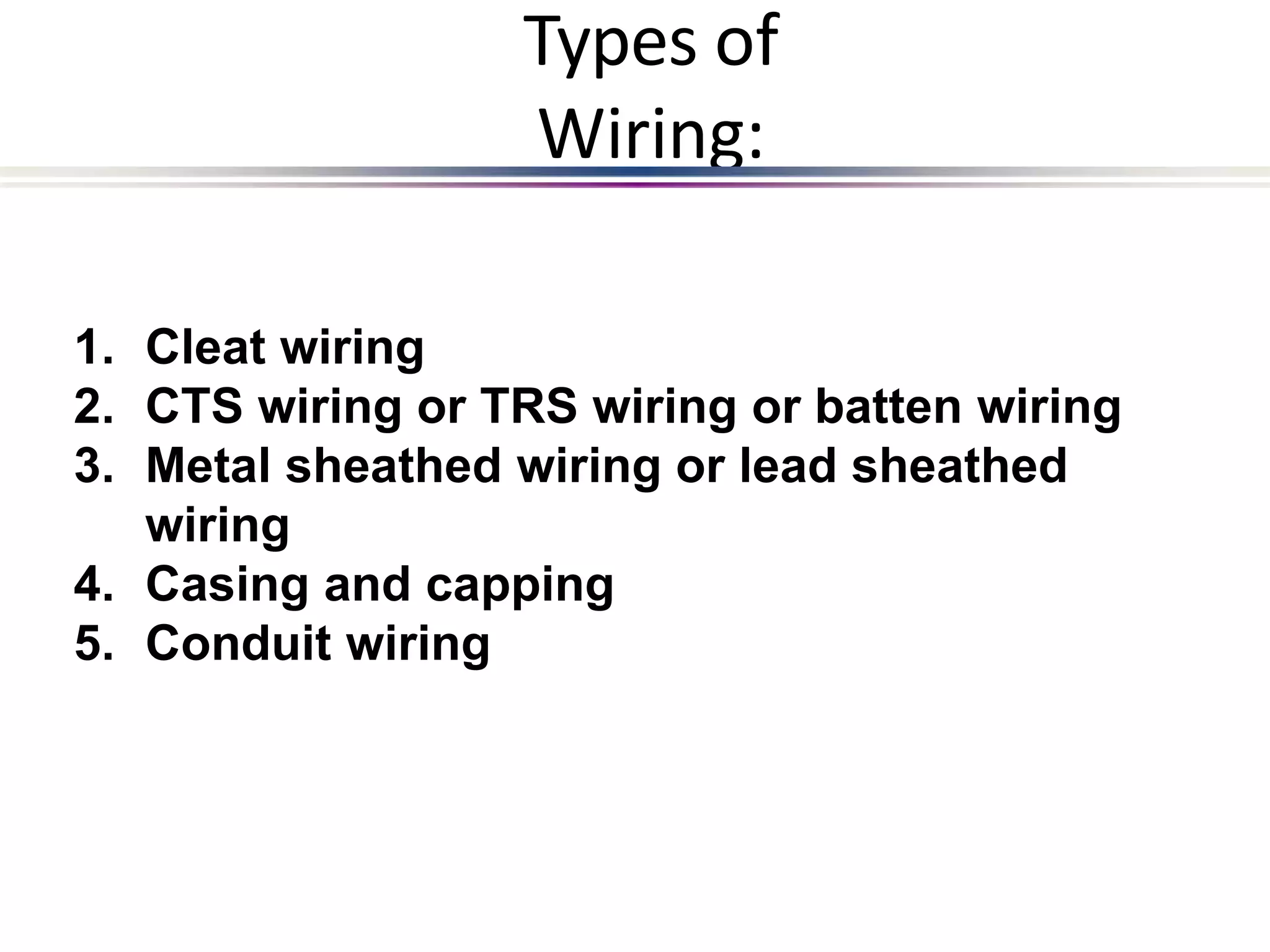 Types of
Wiring:
1. Cleat wiring
2. CTS wiring or TRS wiring or batten wiring
3. Metal sheathed wiring or lead sheathed
wiring
4. Casing and capping
5. Conduit wiring
 
