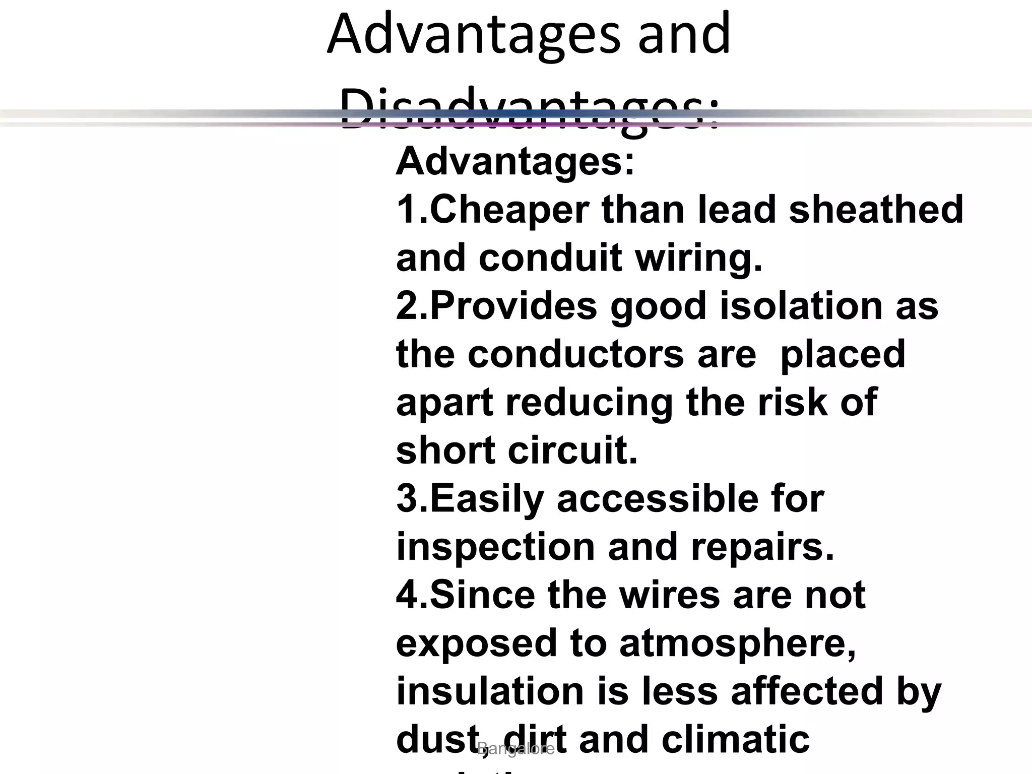 Advantages and
Disadvantages:
Advantages:
1.Cheaper than lead sheathed
and conduit wiring.
2.Provides good isolation as
the conductors are placed
apart reducing the risk of
short circuit.
3.Easily accessible for
inspection and repairs.
4.Since the wires are not
exposed to atmosphere,
insulation is less affected by
dust, dirt and climatic
Bangalore
 