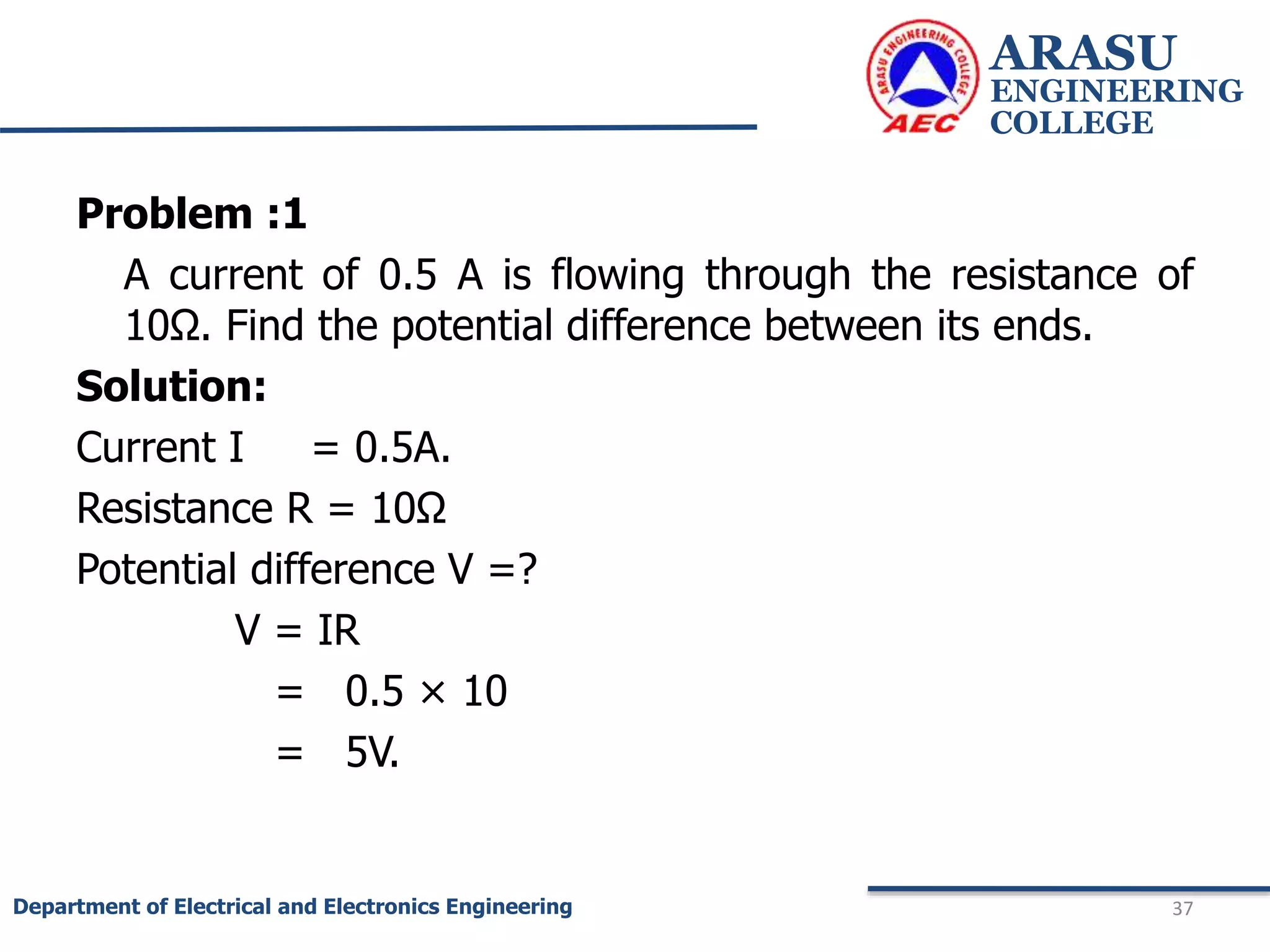 Problem :1
A current of 0.5 A is flowing through the resistance of
10Ω. Find the potential difference between its ends.
Solution:
Current I = 0.5A.
Resistance R = 10Ω
Potential difference V =?
V = IR
= 0.5 × 10
= 5V.
ARASU
ENGINEERING
COLLEGE
37
Department of Electrical and Electronics Engineering
 