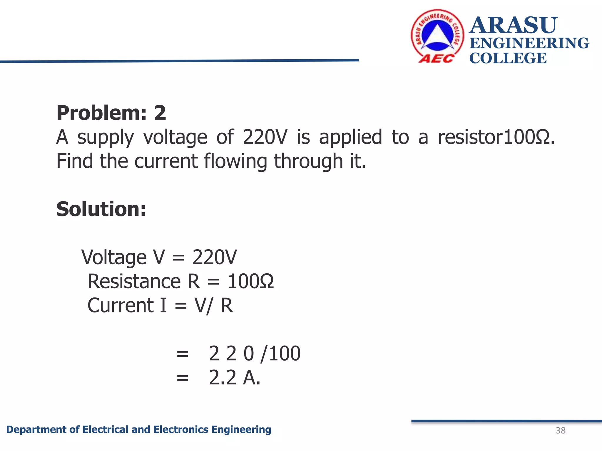 ARASU
ENGINEERING
COLLEGE
38
Department of Electrical and Electronics Engineering
Problem: 2
A supply voltage of 220V is applied to a resistor100Ω.
Find the current flowing through it.
Solution:
Voltage V = 220V
Resistance R = 100Ω
Current I = V/ R
= 2 2 0 /100
= 2.2 A.
 