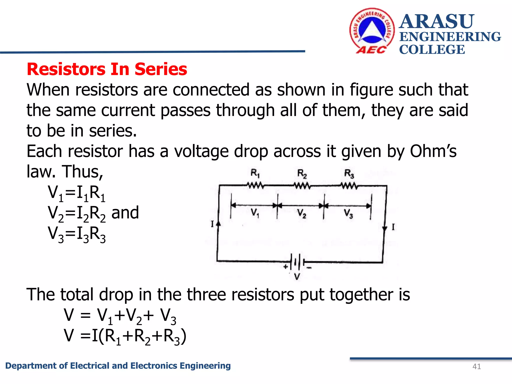 ARASU
ENGINEERING
COLLEGE
41
Department of Electrical and Electronics Engineering
Resistors In Series
When resistors are connected as shown in figure such that
the same current passes through all of them, they are said
to be in series.
Each resistor has a voltage drop across it given by Ohm’s
law. Thus,
V1=I1R1
V2=I2R2 and
V3=I3R3
The total drop in the three resistors put together is
V = V1+V2+ V3
V =I(R1+R2+R3)
 