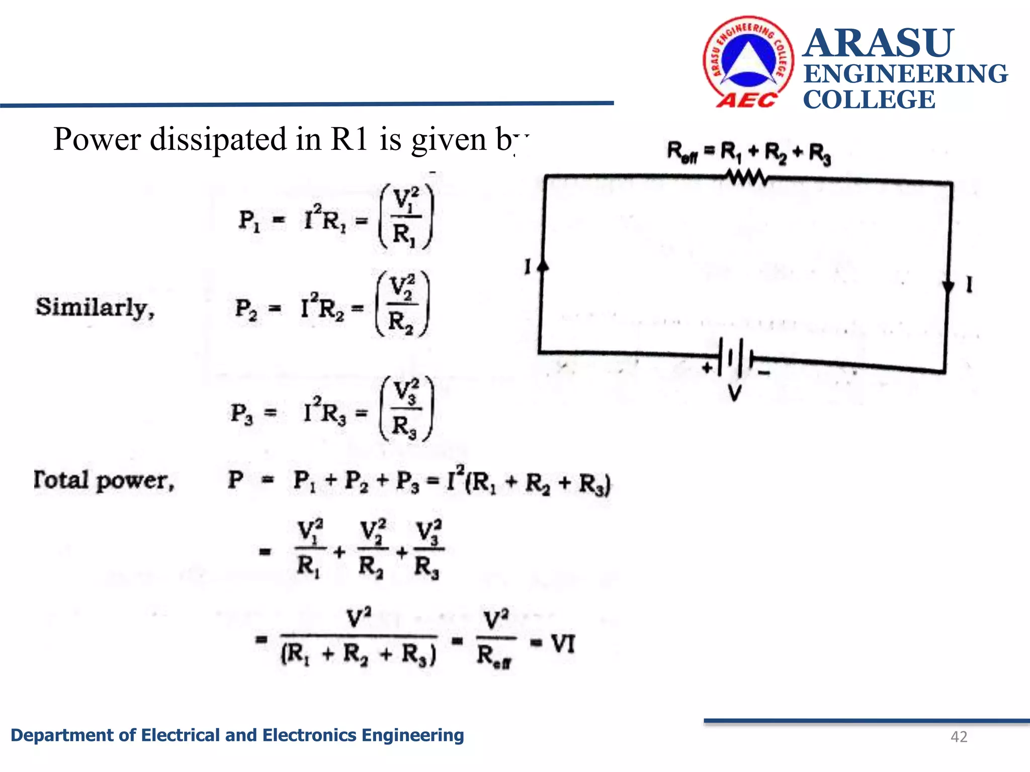 ARASU
ENGINEERING
COLLEGE
42
Department of Electrical and Electronics Engineering
Power dissipated in R1 is given by
 