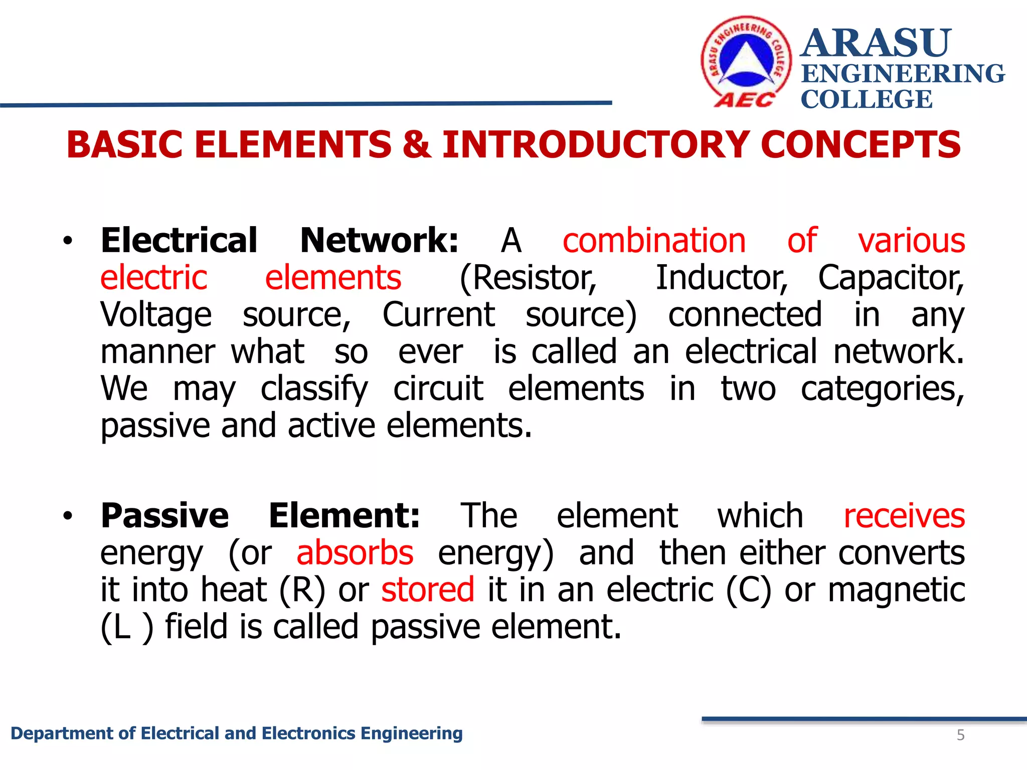 BASIC ELEMENTS & INTRODUCTORY CONCEPTS
• Electrical Network: A combination of various
electric elements (Resistor, Inductor, Capacitor,
Voltage source, Current source) connected in any
manner what so ever is called an electrical network.
We may classify circuit elements in two categories,
passive and active elements.
• Passive Element: The element which receives
energy (or absorbs energy) and then either converts
it into heat (R) or stored it in an electric (C) or magnetic
(L ) field is called passive element.
ARASU
ENGINEERING
COLLEGE
5
Department of Electrical and Electronics Engineering
 