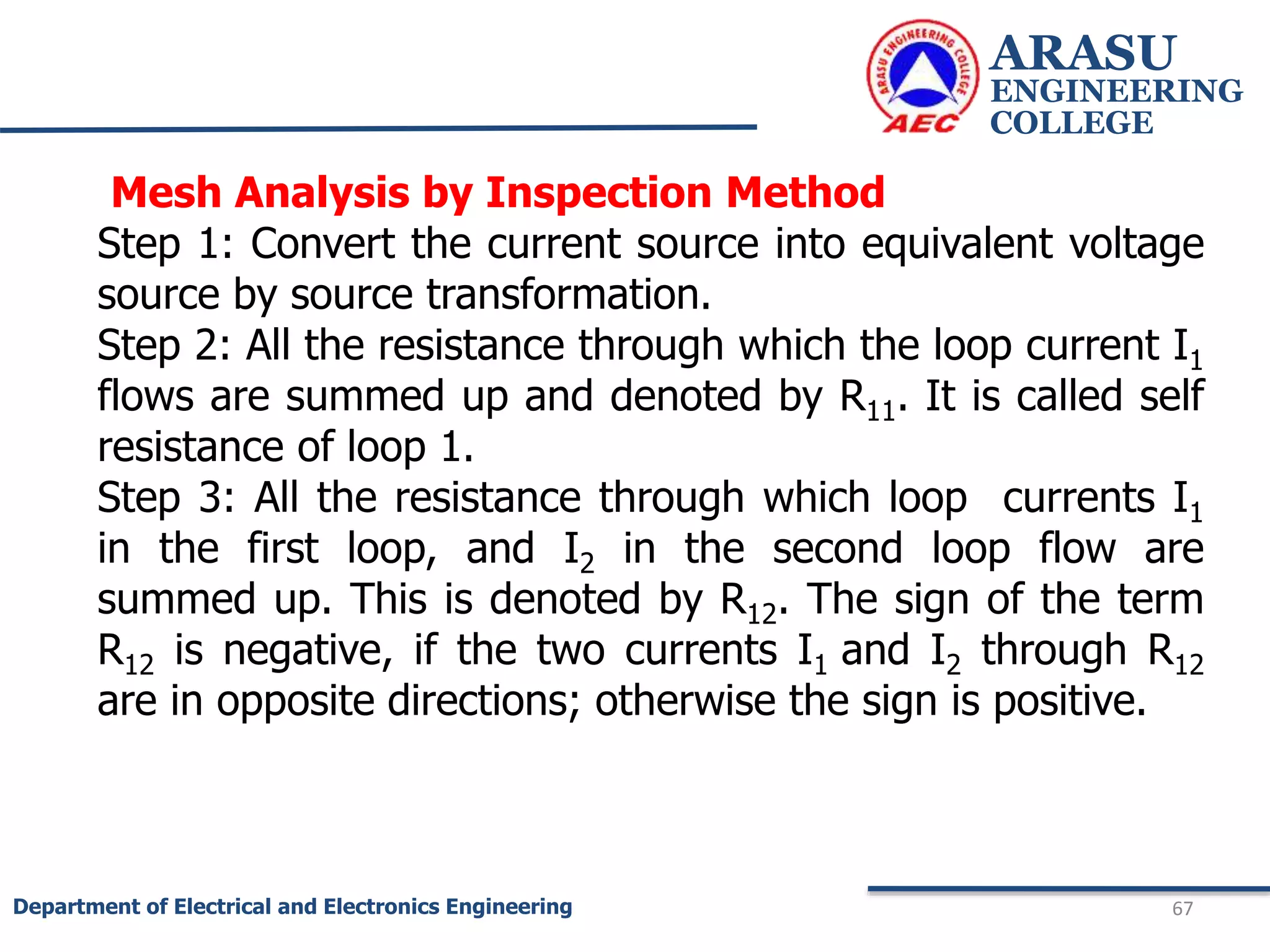 ARASU
ENGINEERING
COLLEGE
67
Department of Electrical and Electronics Engineering
Mesh Analysis by Inspection Method
Step 1: Convert the current source into equivalent voltage
source by source transformation.
Step 2: All the resistance through which the loop current I1
flows are summed up and denoted by R11. It is called self
resistance of loop 1.
Step 3: All the resistance through which loop currents I1
in the first loop, and I2 in the second loop flow are
summed up. This is denoted by R12. The sign of the term
R12 is negative, if the two currents I1 and I2 through R12
are in opposite directions; otherwise the sign is positive.
 