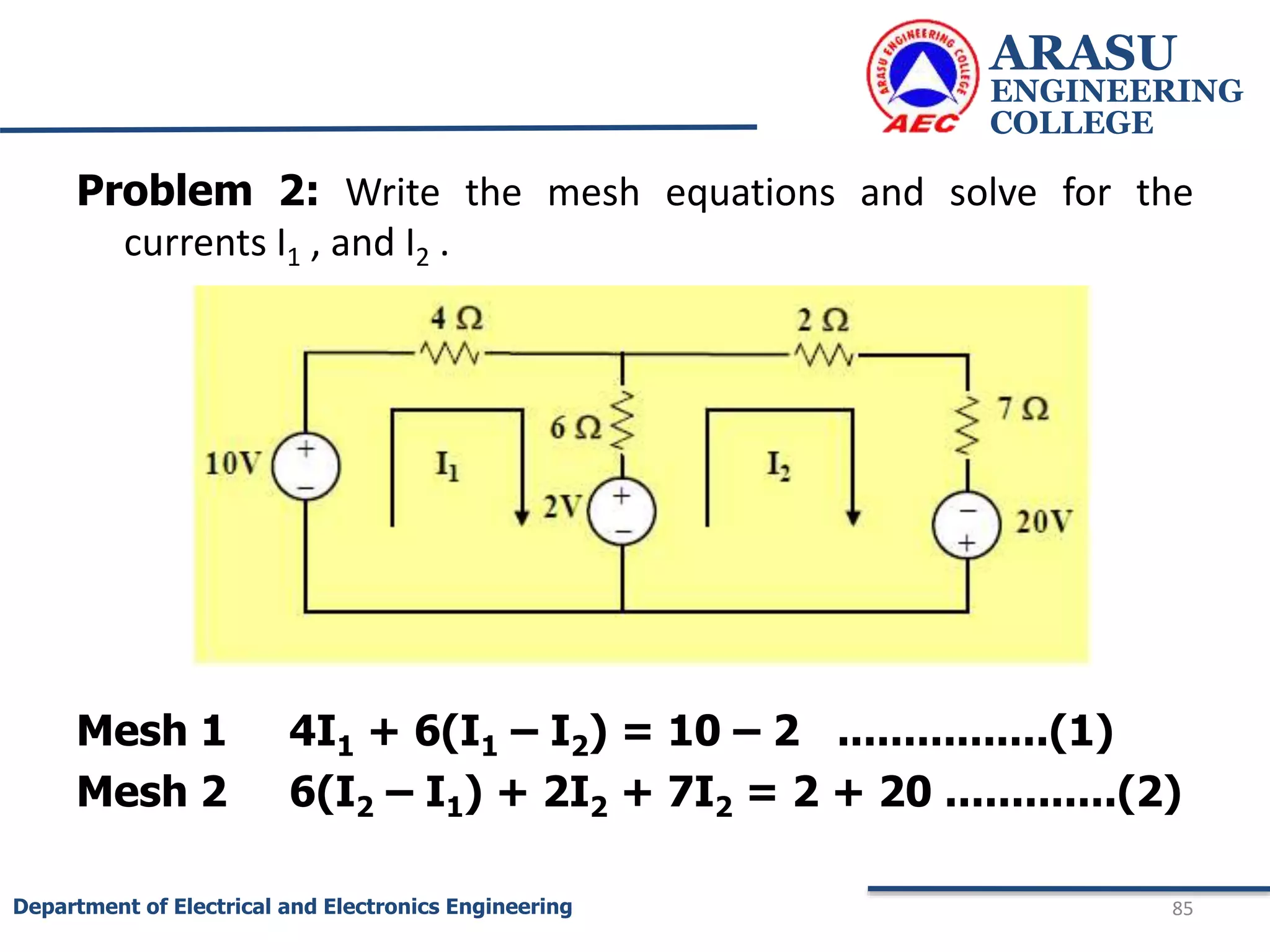 ARASU
ENGINEERING
COLLEGE
85
Department of Electrical and Electronics Engineering
Problem 2: Write the mesh equations and solve for the
currents I1 , and I2 .
Mesh 1 4I1 + 6(I1 – I2) = 10 – 2 ................(1)
Mesh 2 6(I2 – I1) + 2I2 + 7I2 = 2 + 20 .............(2)
 