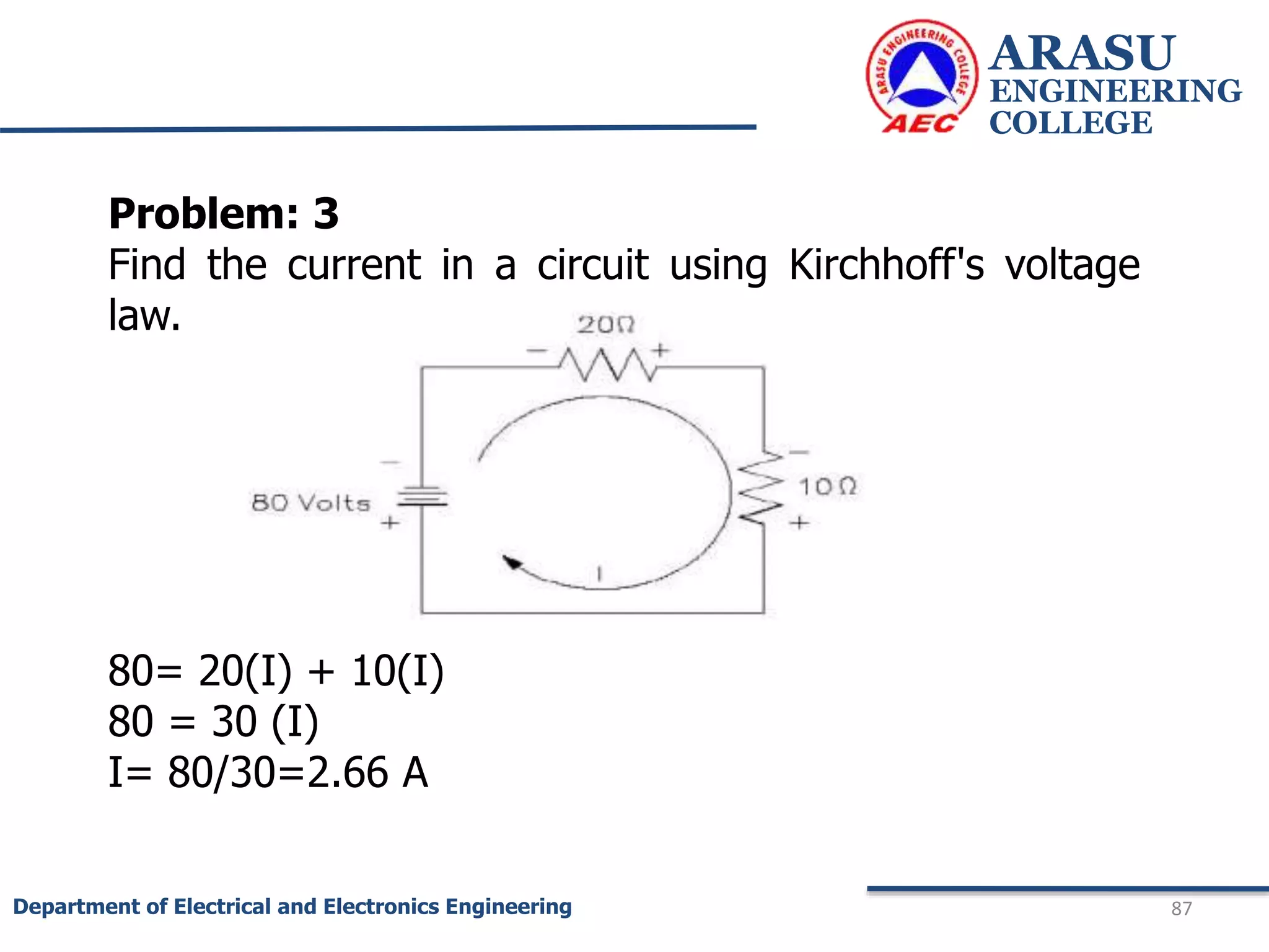 ARASU
ENGINEERING
COLLEGE
87
Department of Electrical and Electronics Engineering
Problem: 3
Find the current in a circuit using Kirchhoff's voltage
law.
80= 20(I) + 10(I)
80 = 30 (I)
I= 80/30=2.66 A
 