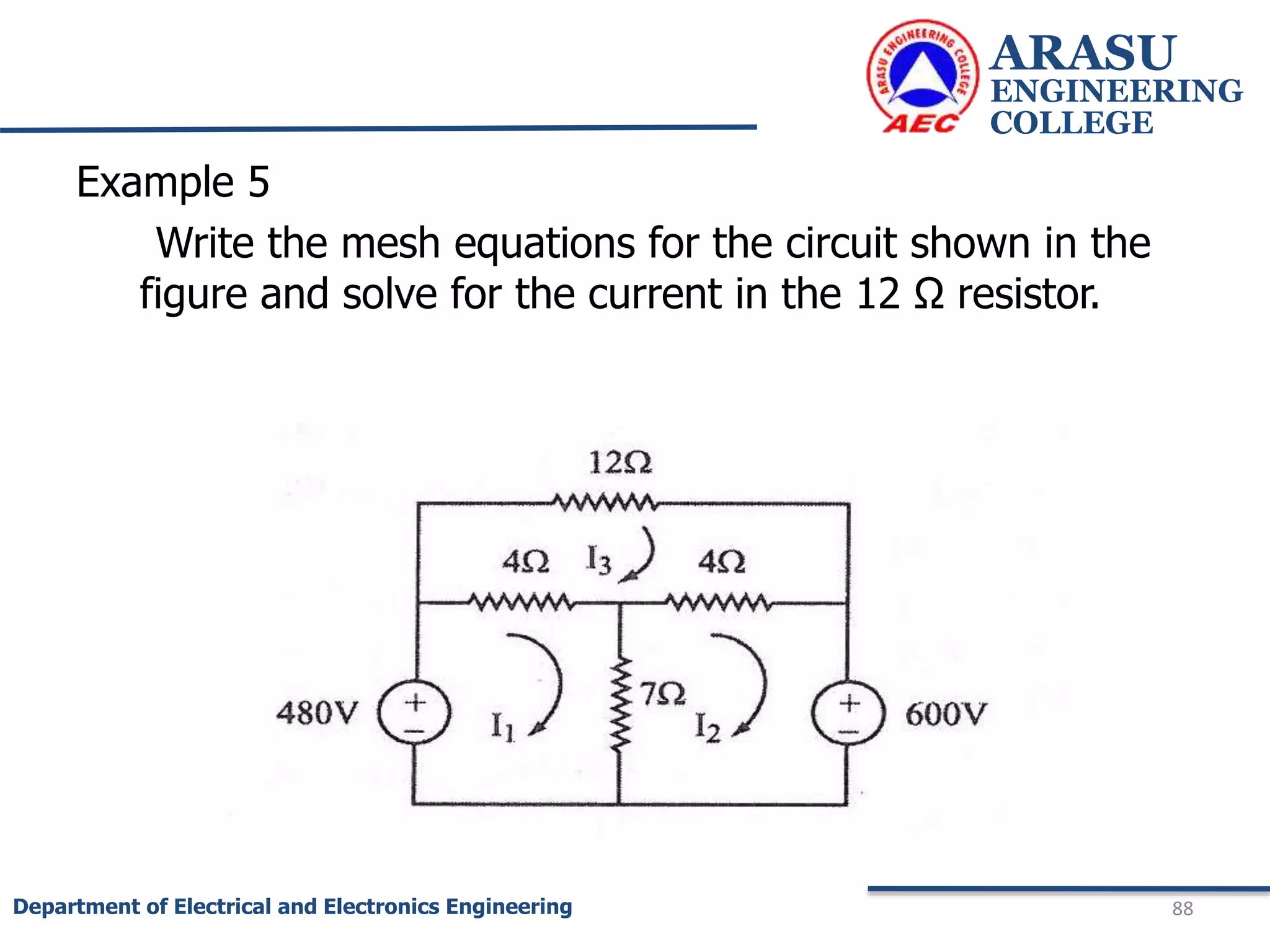 Example 5
Write the mesh equations for the circuit shown in the
figure and solve for the current in the 12 Ω resistor.
ARASU
ENGINEERING
COLLEGE
88
Department of Electrical and Electronics Engineering
 