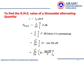 ARASU
ENGINEERING
COLLEGE
130
Department of Electrical and Electronics Engineering
To find the R.M.S. value of a Sinusoidal alternating
Quantity
 