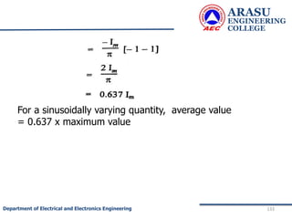 ARASU
ENGINEERING
COLLEGE
133
Department of Electrical and Electronics Engineering
For a sinusoidally varying quantity, average value
= 0.637 x maximum value
 