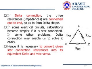  In Delta connection, the three
resistances (impedances) are connected
end to end, so as to form Delta shape.
 In some electrical circuits, calculations
become simpler if it is star connected.
In some other problems, Delta
connection may enable us to solve it
easily.
 Hence it is necessary to convert given
star connection resistances into its
equivalent Delta and vice-versa.
ARASU
ENGINEERING
COLLEGE
167
Department of Electrical and Electronics Engineering
 
