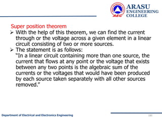 Super position theorem
 With the help of this theorem, we can find the current
through or the voltage across a given element in a linear
circuit consisting of two or more sources.
 The statement is as follows:
“In a linear circuit containing more than one source, the
current that flows at any point or the voltage that exists
between any two points is the algebraic sum of the
currents or the voltages that would have been produced
by each source taken separately with all other sources
removed.”
ARASU
ENGINEERING
COLLEGE
180
Department of Electrical and Electronics Engineering
 