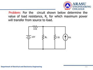 ARASU
ENGINEERING
COLLEGE
216
Department of Electrical and Electronics Engineering
Problem: For the circuit shown below determine the
value of load resistance, RL for which maximum power
will transfer from source to load.
 