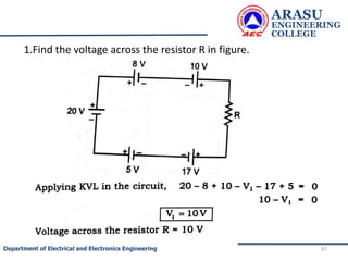 ARASU
ENGINEERING
COLLEGE
47
Department of Electrical and Electronics Engineering
1.Find the voltage across the resistor R in figure.
 