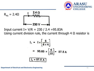 ARASU
ENGINEERING
COLLEGE
51
Department of Electrical and Electronics Engineering
Req = 2.4Ω
Input current I= V/R = 230 / 2.4 =95.83A
Using current division rule, the current through 4 Ω resistor is
 