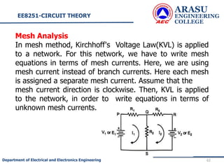 ARASU
ENGINEERING
COLLEGE
62
Department of Electrical and Electronics Engineering
Mesh Analysis
In mesh method, Kirchhoff's Voltage Law(KVL) is applied
to a network. For this network, we have to write mesh
equations in terms of mesh currents. Here, we are using
mesh current instead of branch currents. Here each mesh
is assigned a separate mesh current. Assume that the
mesh current direction is clockwise. Then, KVL is applied
to the network, in order to write equations in terms of
unknown mesh currents.
EE8251-CIRCUIT THEORY
 