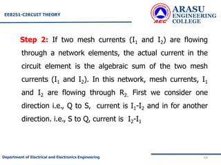 Step 2: If two mesh currents (I1 and I2) are flowing
through a network elements, the actual current in the
circuit element is the algebraic sum of the two mesh
currents (I1 and I2). In this network, mesh currents, I1
and I2 are flowing through R2. First we consider one
direction i.e., Q to S, current is I1-I2 and in for another
direction. i.e., S to Q, current is I2-I1
ARASU
ENGINEERING
COLLEGE
64
Department of Electrical and Electronics Engineering
EE8251-CIRCUIT THEORY
 