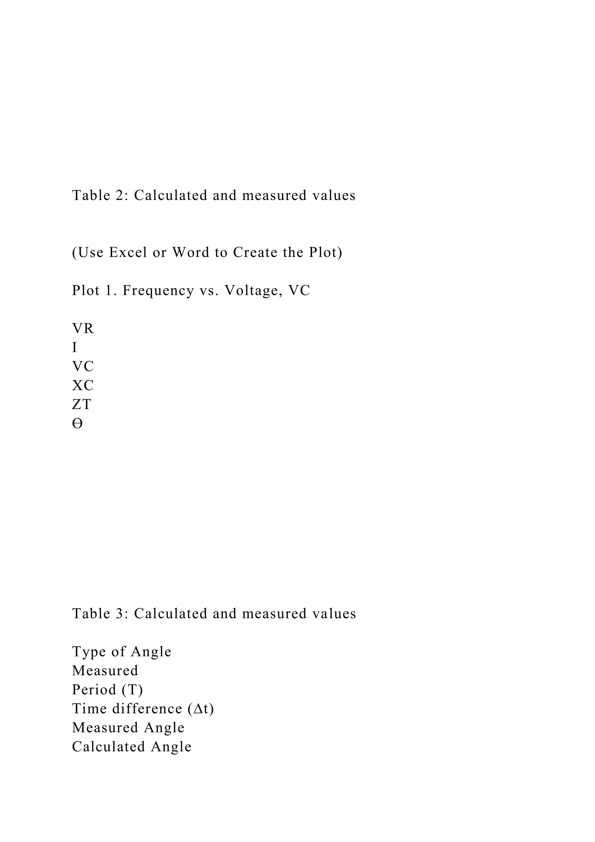 Table 2: Calculated and measured values
(Use Excel or Word to Create the Plot)
Plot 1. Frequency vs. Voltage, VC
VR
I
VC
XC
ZT
Ө
Table 3: Calculated and measured values
Type of Angle
Measured
Period (T)
Time difference (∆t)
Measured Angle
Calculated Angle
 