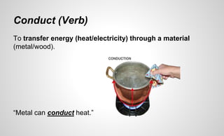 Conduct (Verb)
To transfer energy (heat/electricity) through a material
(metal/wood).
“Metal can conduct heat.”
 