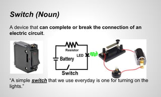 Switch (Noun)
A device that can complete or break the connection of an
electric circuit.
“A simple switch that we use everyday is one for turning on the
lights.”
 