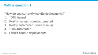 © Electric Cloud | electric-cloud.com
Polling question 1
“How do you currently handle deployments?”
1. 100% Manual
2. Mostly manual, some automated
3. Mostly automated, some manual
4. 100% Automated
5. I don’t handle deployments
 