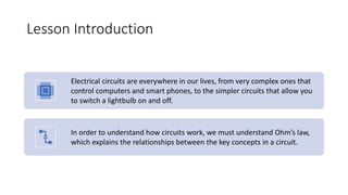 Lesson Introduction
Electrical circuits are everywhere in our lives, from very complex ones that
control computers and smart phones, to the simpler circuits that allow you
to switch a lightbulb on and off.
In order to understand how circuits work, we must understand Ohm’s law,
which explains the relationships between the key concepts in a circuit.
 