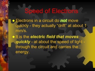 Speed of Electrons 
 Electrons in a circuit do move 
quickly - they actually “drift” at about 1 
mm/s. 
 It is the 
- at about the speed of light - 
through the circuit and carries the 
energy. 
 