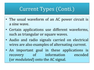 Current Types (Conti.)
• The usual waveform of an AC power circuit is
a sine wave.
• Certain applications use different waveforms,
such as triangular or square waves.
• Audio and radio signals carried on electrical
wires are also examples of alternating current.
• An important goal in these applications is
recovery of information encoded
(or modulated) onto the AC signal.
 