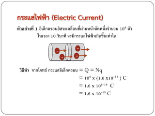 ตัวอย่างที่ 1 อิเล็กตรอนอิสระเคลื่อนที่ผ่านหน้าตัดหนึ่งจานวน 106 ตัว
             ในเวลา 10 วินาที จะมีกระแสไฟฟ้าเกิดขึ้นเท่าใด

                       -          -
                           -      -
 วิธีทา จากโจทย์ กระแสอิเล็กตรอน = Q = Nq
                                 = 106 x (1.6 x10-19 ) C
                                 = 1.6 x 106-19 C
                                 = 1.6 x 10-13 C
 