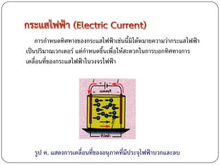 การกาหนดทิศทางของกระแสไฟฟ้าเช่นนี้มิได้หมายความว่ากระแสไฟฟ้า
เป็นปริมาณเวกเตอร์ แต่กาหนดขึ้นเพื่อให้สะดวกในการบอกทิศทางการ
เคลื่อนที่ของกระแสไฟฟ้าในวงจรไฟฟ้า




   รูป ค. แสดงการเคลื่อนที่ของอนุภาคที่มีประจุไฟฟ้าบวกและลบ
 