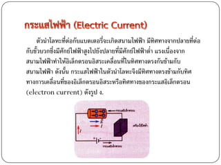 ตัวนาโลหะที่ต่อกับแบตเตอรี่จะเกิดสนามไฟฟ้า มีทิศทางจากปลายที่ต่อ
กับขั้วบวกซึ่งมีศักย์ไฟฟ้าสูงไปยังปลายที่มีศักย์ไฟฟ้าต่า แรงเนื่องจาก
สนามไฟฟ้าทาให้อิเล็กตรอนอิสระเคลื่อนที่ในทิศทางตรงกันข้ามกับ
สนามไฟฟ้า ดังนั้น กระแสไฟฟ้าในตัวนาโลหะจึงมีทิศทางตรงข้ามกับทิศ
ทางการเคลื่อนที่ของอิเล็กตรอนอิสระหรือทิศทางของกระแสอิเล็กตรอน
(electron current) ดังรูป ง.
 
