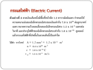 ตัวอย่างที่ 3 ลวดเงินเส้นหนึ่งมีพื้นที่หน้าตัด 1.2 ตารางมิลลิเมตร กาหนดให้
   ความหนาแน่นของอิเล็กตรอนอิสระของเงินเท่ากับ 7.9 x 1028 ต่อลูกบาศก์
   เมตร ขนาดความเร็วลอยเลื่อนของอิเล็กตรอนอิสระ 1.5 x 10-4 เมตรต่อ
   วินาที และประจุไฟฟ้าของอิเล็กตรอนอิสระเท่ากับ 1.6 x 10-19 คูลอมบ์
   แล้วกระแสไฟฟ้าที่เกิดขึ้นในลวดเส้นนี้เป็นเท่าใด
วิธีทา จากโจทย์    A = 1.2 mm2 = 1.2 x 10- 6 m2
                    n = 8.4 x 1028 m-3
                   e = 1.6 x 10-19 C
                  v d = 1.5 x 10-4 m/s
 