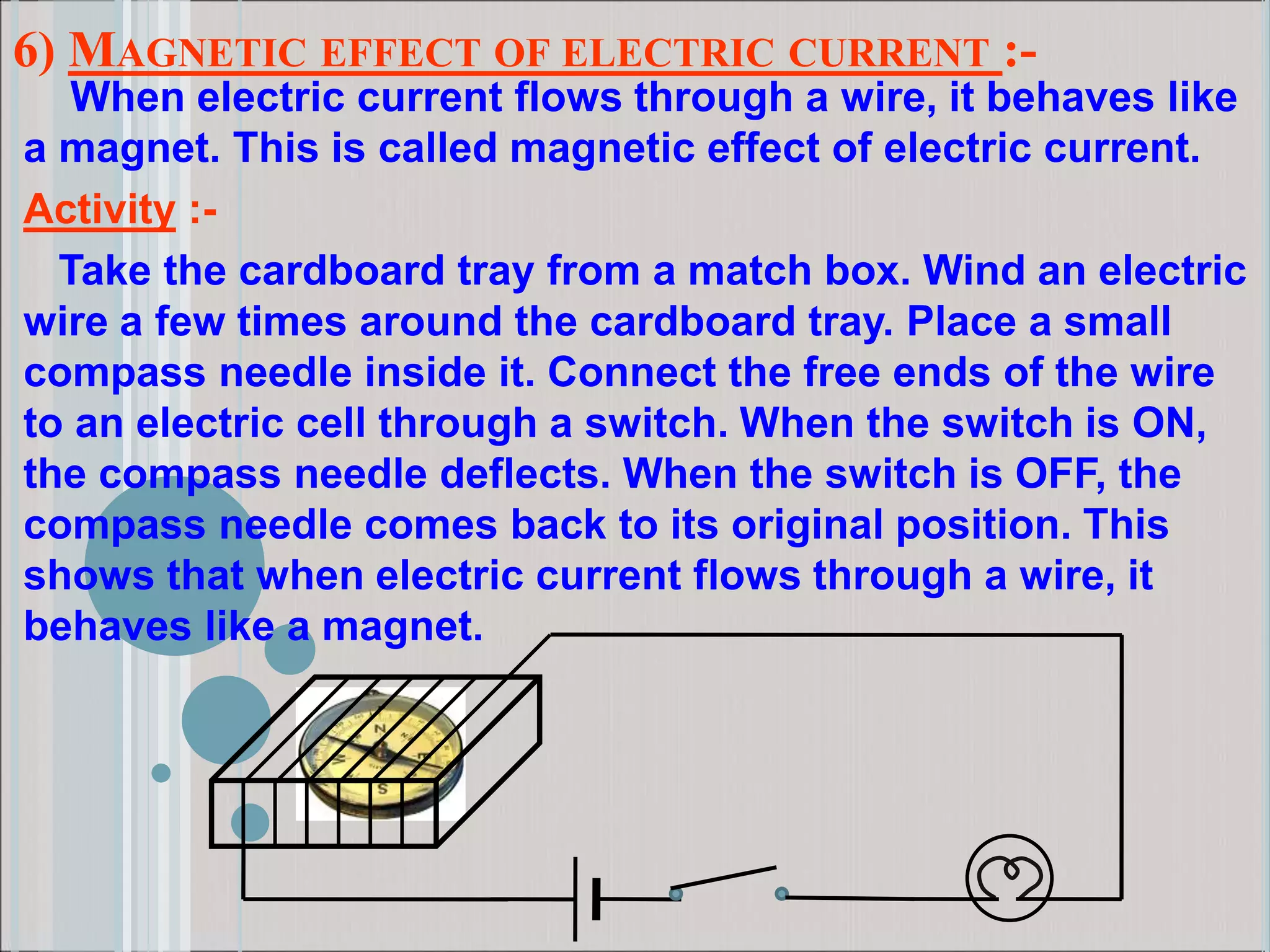 6) MAGNETIC EFFECT OF ELECTRIC CURRENT :-
When electric current flows through a wire, it behaves like
a magnet. This is called magnetic effect of electric current.
Activity :-
Take the cardboard tray from a match box. Wind an electric
wire a few times around the cardboard tray. Place a small
compass needle inside it. Connect the free ends of the wire
to an electric cell through a switch. When the switch is ON,
the compass needle deflects. When the switch is OFF, the
compass needle comes back to its original position. This
shows that when electric current flows through a wire, it
behaves like a magnet.
 