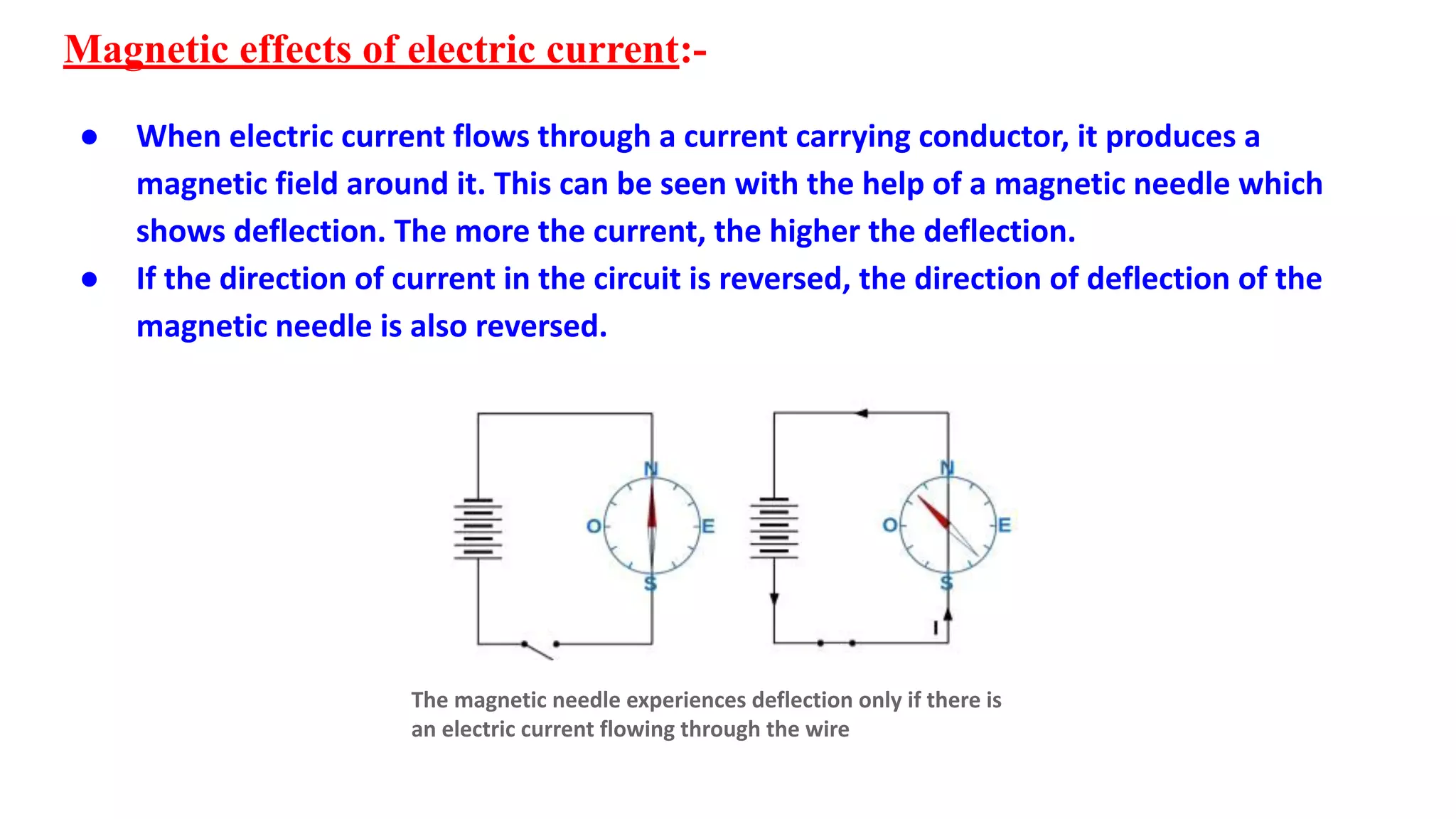 Magnetic effects of electric current:-
● When electric current flows through a current carrying conductor, it produces a
magnetic field around it. This can be seen with the help of a magnetic needle which
shows deflection. The more the current, the higher the deflection.
● If the direction of current in the circuit is reversed, the direction of deflection of the
magnetic needle is also reversed.
The magnetic needle experiences deflection only if there is
an electric current flowing through the wire
 