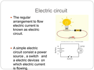 Electric circuit
 The regular
arrangement to flow
electric current is
known as electric
circuit.
 A simple electric
circuit consist a power
source , a switch and
a electric devices on
which electric current
is flowing.
 