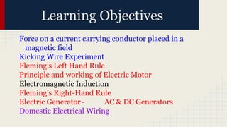 Learning Objectives
Force on a current carrying conductor placed in a
magnetic field
Kicking Wire Experiment
Fleming’s Left Hand Rule
Principle and working of Electric Motor
Electromagnetic Induction
Fleming’s Right-Hand Rule
Electric Generator- AC & DC Generators
Domestic Electrical Wiring
 