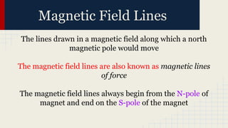 Magnetic Field Lines
The lines drawn in a magnetic field along which a north
magnetic pole would move
The magnetic field lines are also known as magnetic lines
of force
The magnetic field lines always begin from the N-pole of
magnet and end on the S-pole of the magnet
 