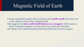 Magnetic Field of Earth
A freely suspended magnet always points in the north-south direction even
in the absence of any other magnetic field.
This suggests that the earth itself behaves as a magnet which causes a
freely suspended magnet to point always in a particular direction
The shape of the earths magnetic field resembles that of an bar magnet
 