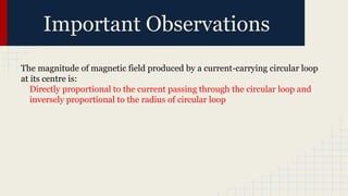 Important Observations
The magnitude of magnetic field produced by a current-carrying circular loop
at its centre is:
Directly proportional to the current passing through the circular loop and
inversely proportional to the radius of circular loop
 