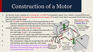 Construction of a Motor
1. An electric motor consists of a rectangular coil ABCD of insulated copper wire, which is mounted between
the curved poles of a horseshoe type permanent magnet M in such a way that it can rotate freely between the
poles N and S on the shaft.
2. The coils AB and CD of the coil are kept perpendicular to the
direction of magnetic field between the poles of the magnet.
3. A device which reverses the direction of current through a
circuit is called a commutator (or split ring).
4. The two ends of the coil are soldered permanently to the
two half rings X and Y of a commutator.
5. A commutator is a copper ring split into two parts X and Y,
these two parts are insulated from one another and mounted
on the shaft of the motor.
6. The commutator rings are mountedon the shaft of the
coil and they also rotate when the coil rotates
7. The function of commutator rings is to reverse the
direction of current flowing through the coil after
every half rotation of the coil.
 
