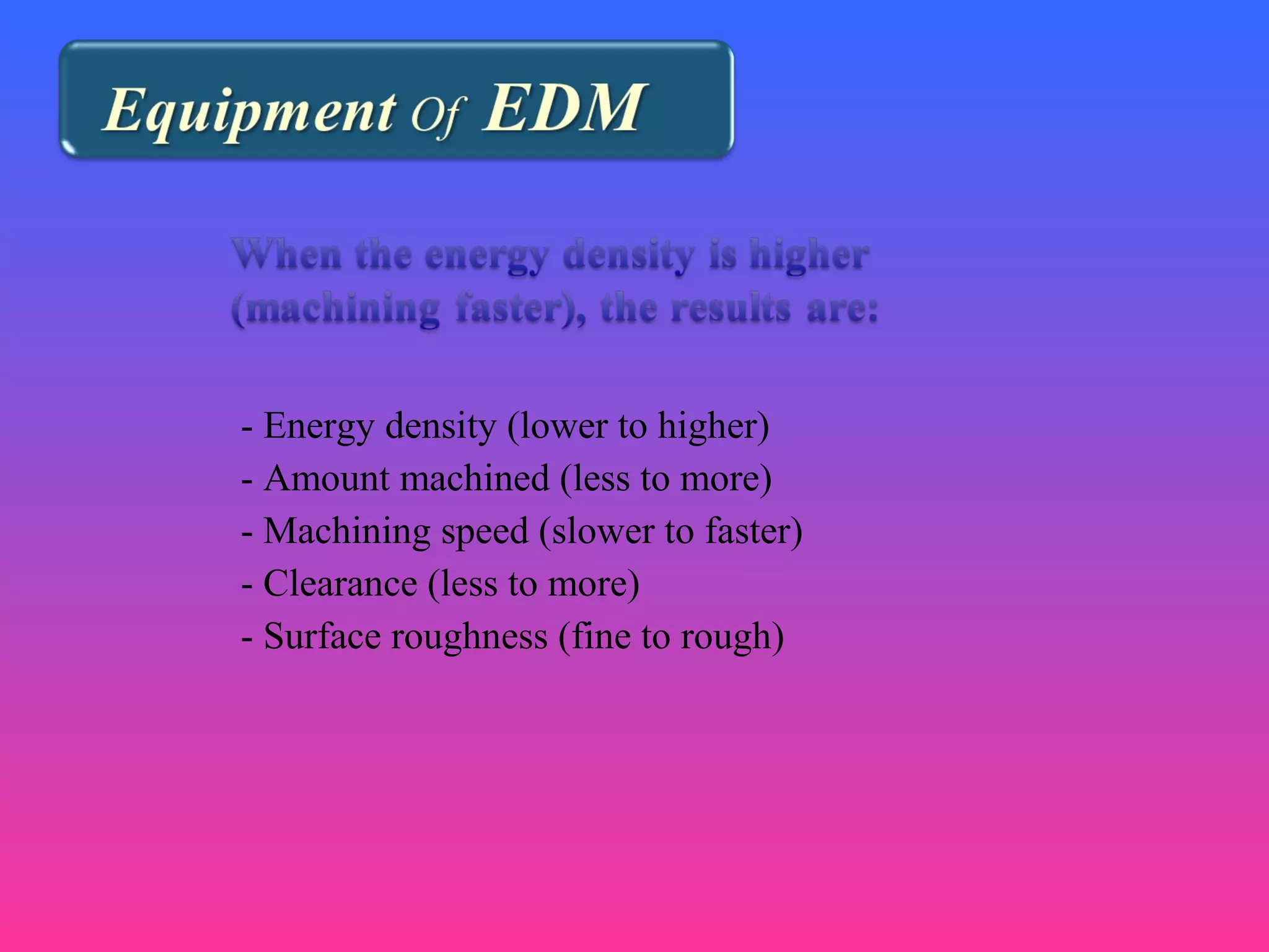 - Energy density (lower to higher)
- Amount machined (less to more)
- Machining speed (slower to faster)
- Clearance (less to more)
- Surface roughness (fine to rough)
 