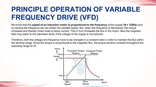 We know that the speed of an induction motor is proportional to the frequency of the supply (N = 120f/p) and
by varying the frequency we can obtain the variable speed. But, when the frequency is decreased, the torque
increases and thereby motor draw a heavy current. This in turn increases the flux in the motor. Also the magnetic
field may reach to the saturation level, if the voltage of the supply is not reduced.
Therefore, both the voltage and frequency have to be changed in a constant ratio in order to maintain the flux within
the working range. Since the torque is proportional to the magnetic flux, the torque remains constant throughout the
operating range of v/f.
•
PRINCIPLE OPERATION OF VARIABLE
FREQUENCY DRIVE (VFD)
 