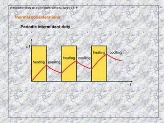 INTRODUCTION TO ELECTRIC DRIVES - MODULE 1
Thermal considerations
Periodic intermittent duty
p1
t
heating coolling
coolling
coolling
heating
heating
 