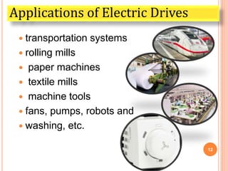  transportation systems
 rolling mills
 paper machines
 textile mills
 machine tools
 fans, pumps, robots and
 washing, etc.
12
Applications of Electric Drives
 