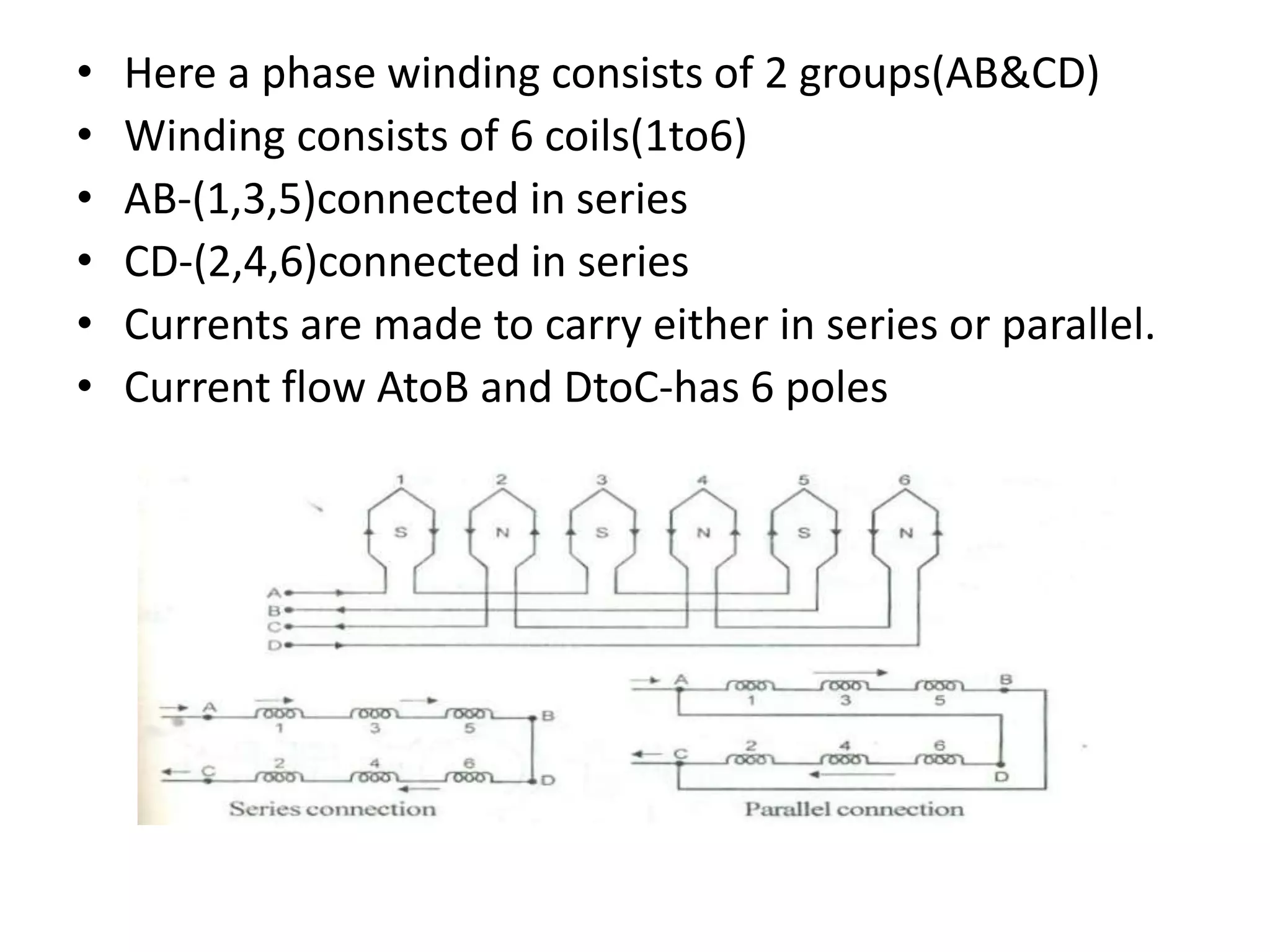 • Here a phase winding consists of 2 groups(AB&CD)
• Winding consists of 6 coils(1to6)
• AB-(1,3,5)connected in series
• CD-(2,4,6)connected in series
• Currents are made to carry either in series or parallel.
• Current flow AtoB and DtoC-has 6 poles
 